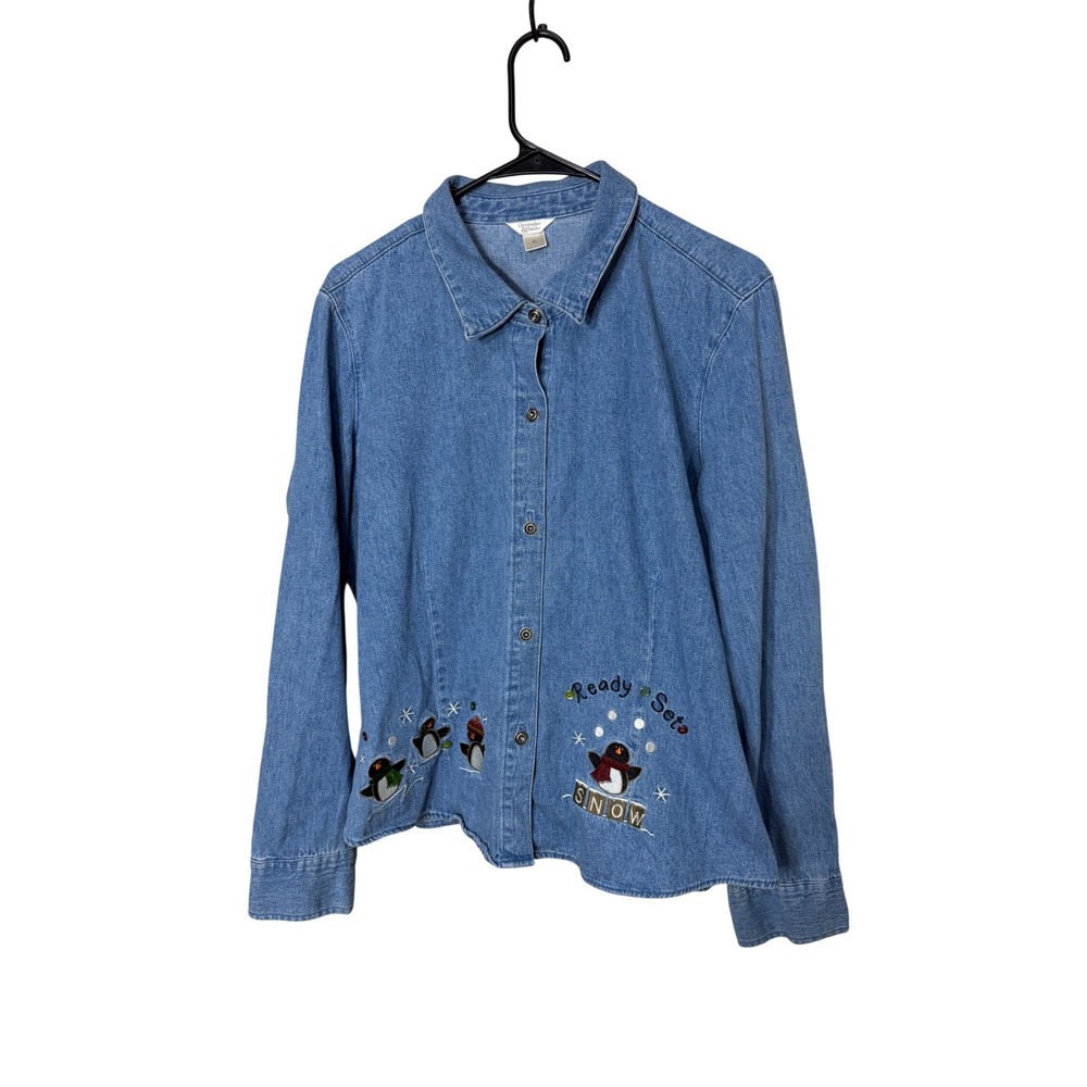 Christopher & Banks Womens‎ Denim Shirt Long Sleeve Penguin Snow Embroidery XL